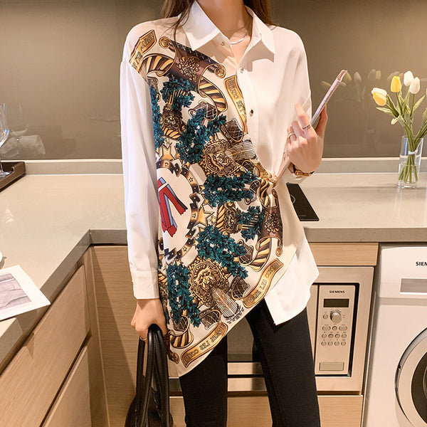 Korean Retro Print Irregular Tailoring Stitching Long-Sleeved Shirt Top Women'S Clothing