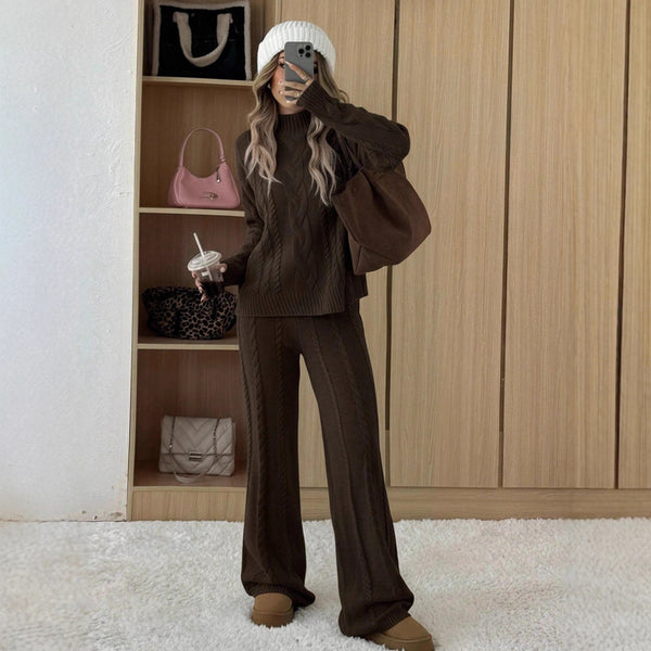 Womens Cable-Knit Knitwear Set With Wide-Leg Pants And A Relaxed Fit